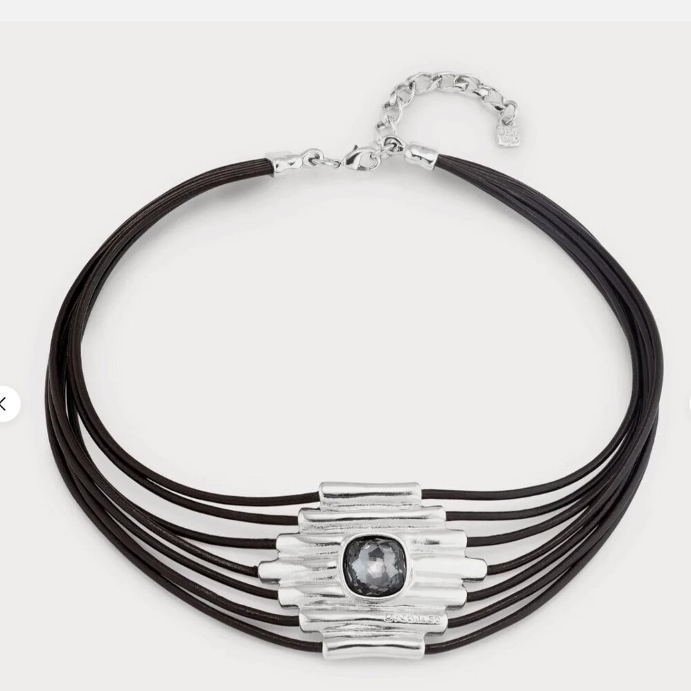 Uno de 50 Fearless Attached Crystal Choker Necklace Silver Multi Strand leather - Picture 3 of 15